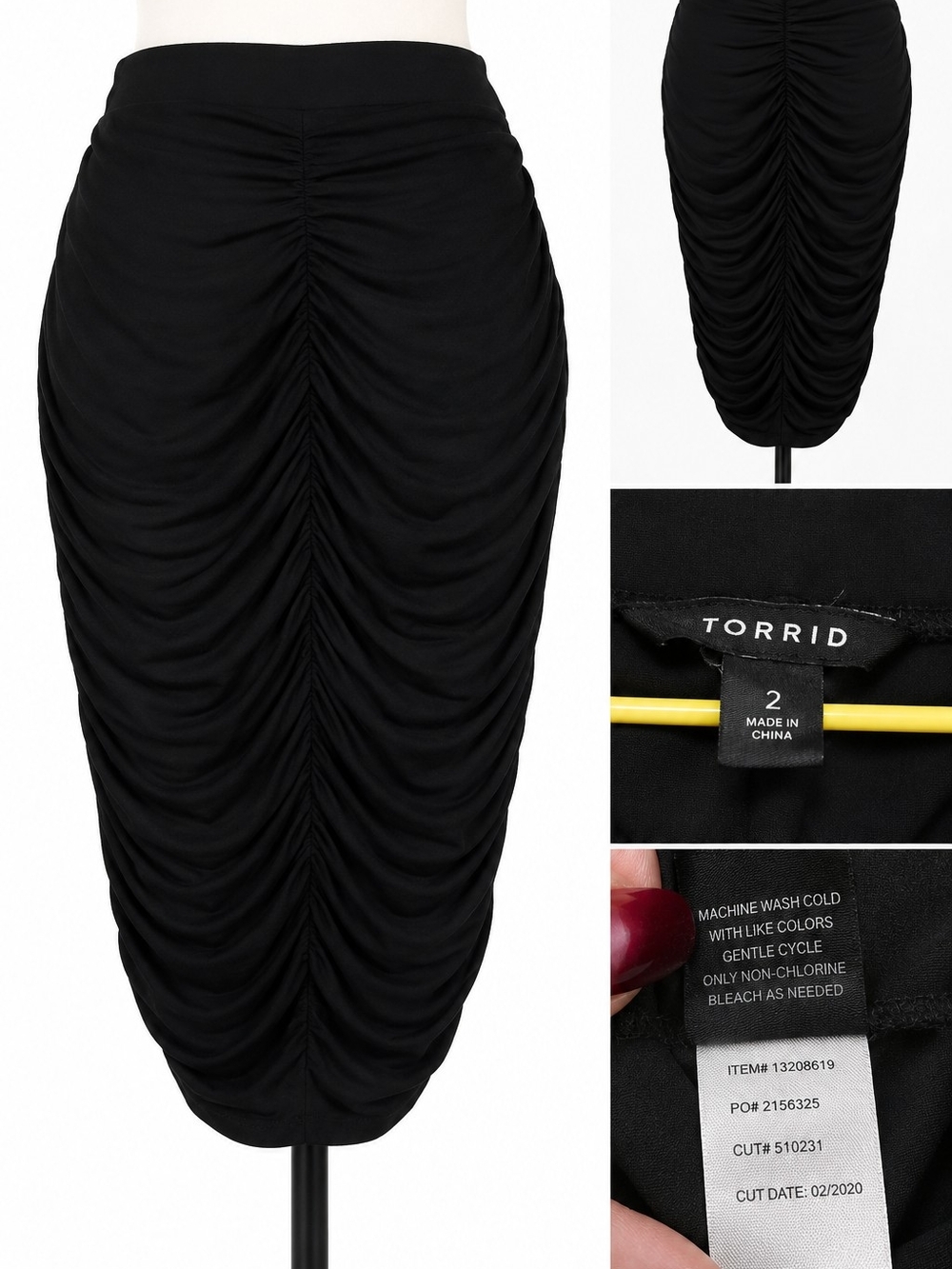 TORRID Black Ruched Bodycon Midi Skirt Size 2